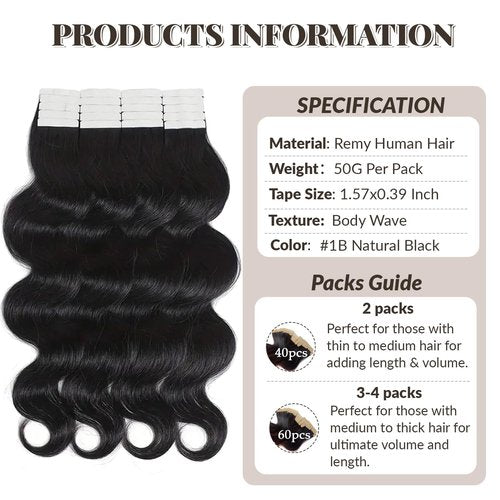 Tape in Hair Extensions Human Hair Body Wave 100% Remy Human Hair 16 Inch 50g/pack 20pcs Tape Hair Extensions Natural Black Real Human Hair Extensions for Black Women Human Hair Tape in Extensions