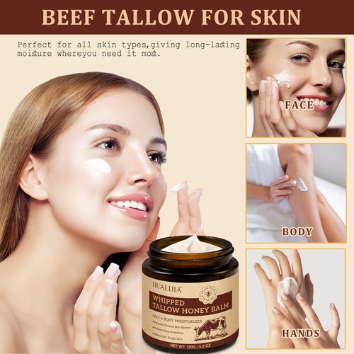 Organic Beef Tallow for Skin, Tallow and Honey Balm (4.2 Oz), Tallow Face Moisturizer, Grass Fed Whipped Beef Tallow with Honey Beeswax - Deeply Hydrates and Moisturizes Face Body, Unscent, No Greasy