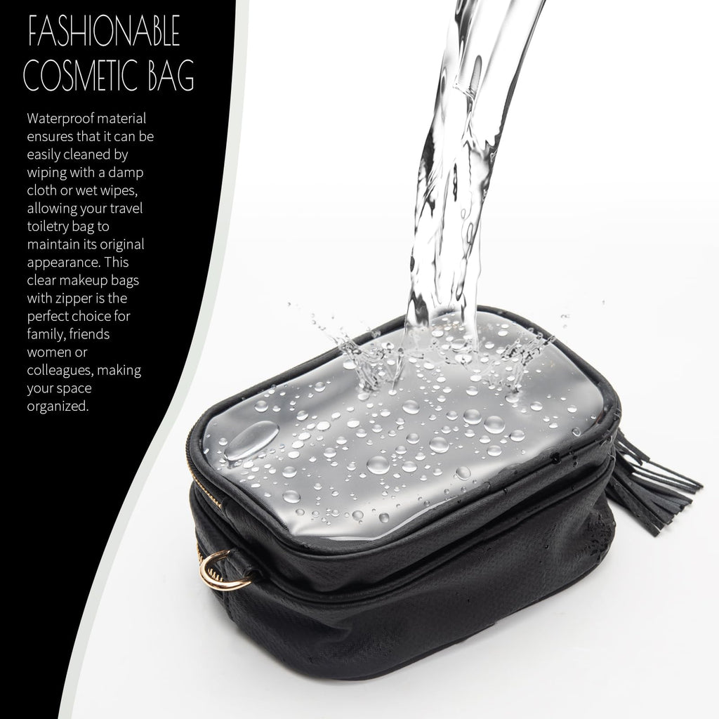 XIAOLER Clear Makeup Bag Organizer for Women, Double Sided Cosmetic Travel Bag with Dual Zippers,PU Leather Waterproof Travel Toiletry Bag Portable Make up Pouch for Home Office (Black, Medium)