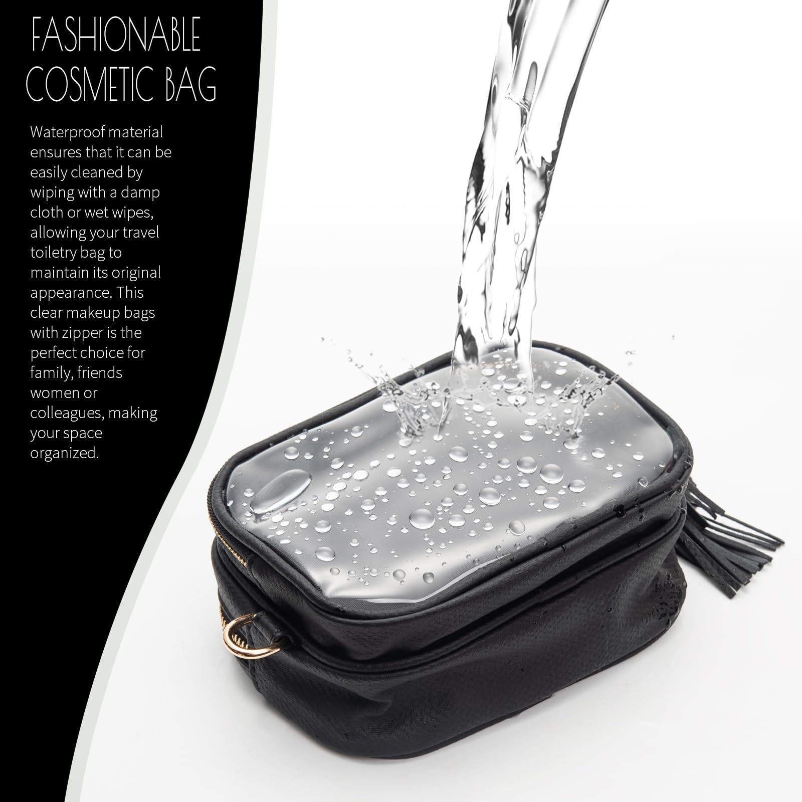 XIAOLER Clear Makeup Bag Organizer for Women, Double Sided Cosmetic Travel Bag with Dual Zippers,PU Leather Waterproof Travel Toiletry Bag Portable Make up Pouch for Home Office (Black, Medium)