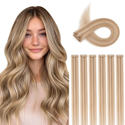 S-noilite 6Pcs Clip in Human Hair Extensions,Remy Single Clip in Hair Extensions 6Pcs 6clips Straight Golden Brown/Bleach Blonde Seamless Hairpieces for Women 16Inch 40g