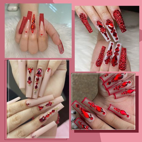 Canvalite 2900Pcs Red Rhinestones for Nails, 18 Styles Multi Shape Nail Charms and Gems Shiny Glass Crystal Flatback Nail Rhinestones Set for Nail Art with Rhinestone Picker and Tweezers