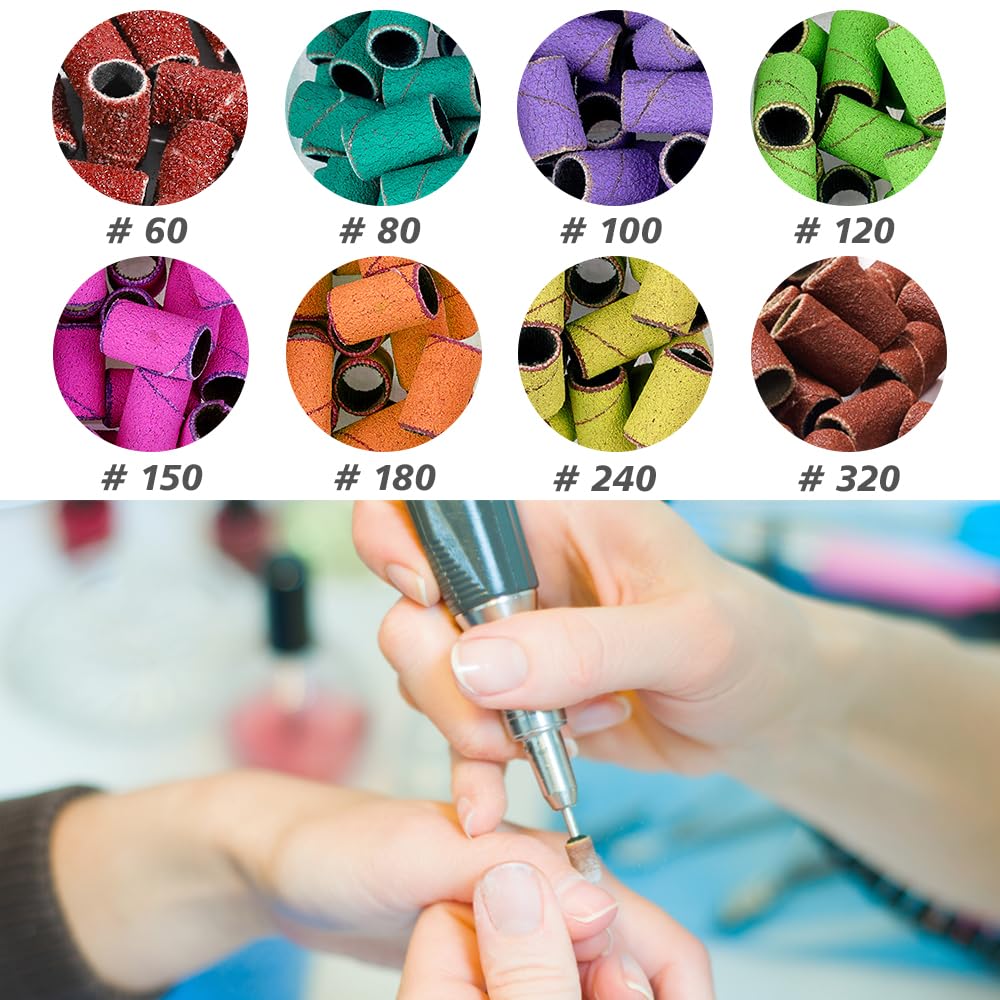Yreihn 400 Pcs Sanding Bands for Nail Drill with 4 Mandrel Bits for Manicure and Pedicure, 60/80/100/120/150/180/240/320 Grit