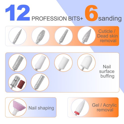MEKK Nail Drill Kit,35000RPM Electric Nail Drill Professional Electric Nail File with 12PCS Bits,Anti-Shaking Cordless E Filer for Nails with LCD Display,Home & Salon (Orange Blue)
