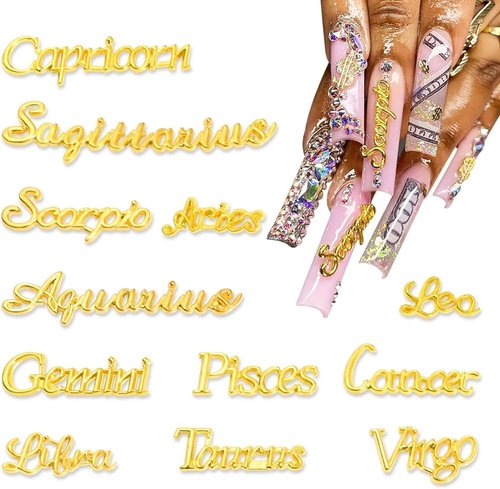 72pcs Zodiac Letter Nail Charms for Acrylic Nails Alloy Twelve Constellation Zodiac Sign Silver Gold Charm Jewels Studs Hollow Letter Nail Art Nail Decoration DIY Craft for Women Girls Manicure