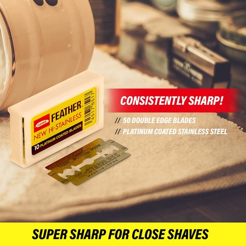Feather Double Edge Safety Razor Blades - Platinum Coated Hi-Stainless Steel - 50 Count for Precision Shaving