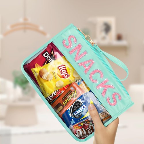 Clear Snack Bag For Travel Beach Work Waterproof, Bling Rhinestone Letter Cosmetic Bags Travel Toiletry Bag,Cute Snack Pouch Organization,Personalized Makeup Bag Gift For Women Girls (Blue-Snacks)