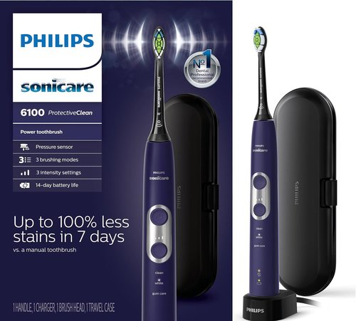 Philips Sonicare Rechargeable Electric Toothbrush - Pressure Sensor, 3 Modes, Travel Case, Deep Purple, Model HX6471/03