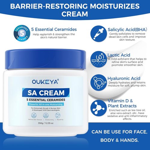 OUKEYA SA Cream - Exfoliating Body Lotion for Rough, Bumpy Skin with Ceramides & Salicylic Acid | 12.35 oz