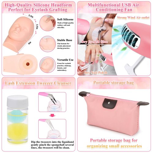 Tetutor Lash Kits Extensions Kit for Beginners, Eyelash Lash Extension Kit for Beginners with Lash Mannequin Head, Lash Extension Practice Kit Starter Kit with Everything USB Fan, Lash Glue, Shampoo