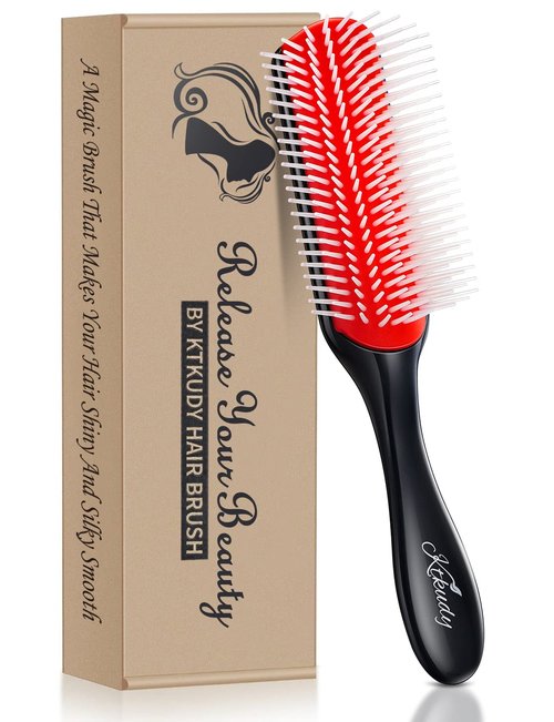 KTKUDY Curly Hair Brush - 9 Row Detangling & Defining Brush for Wavy, Curly, Coily Hair - Black