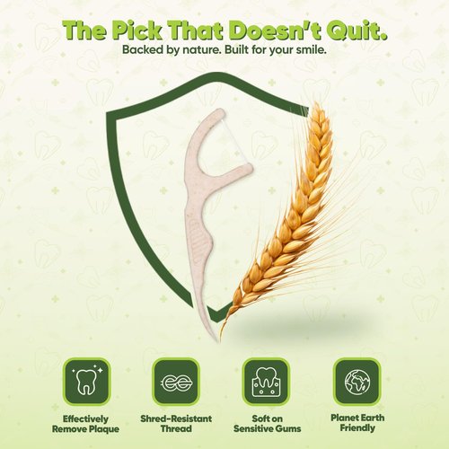 Dental Floss Picks - Straw Wheat Handle Flossers | Thin & Shred-Resistant Thread for Tight Gaps | Flossers for Adults | Gentle on Gums & Teeth (200 Pack, Mint)
