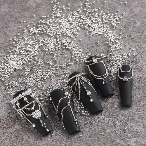 3D Mixed Sizes Nail Beads and Pearls Nail Charms Kit, Gold Silver Mini Metal Caviar Nails Beads Studs, White Flatback Round and Half Round Pearls with Pickup Pencil and Tweezers