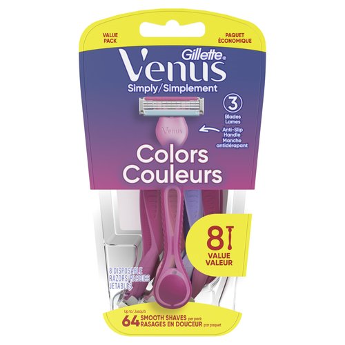 Gillette Venus Simply3 Disposable Razors for Women, 8 Count, Designed for a Close and Comfortable Shave