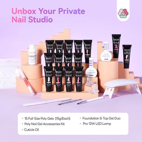 SAVILAND Hema-Free Poly Extension Gel Nail Kit: 15 Colors Poly Gel kit for 4 Weeks Lasting, Natural-Looking Poly Gel Clear White Pink Nude with Slip Solution U V Lamp Suitable for All Seasons Art DIY