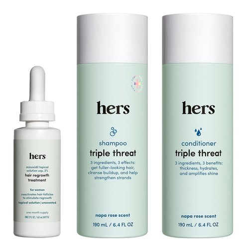 Hers Triple Threat Shampoo & Conditioner Set | 2% Minoxidil with Biotin & Saw Palmetto - Color-Safe & Paraben-Free - Napa Rose Scent - 3 Count