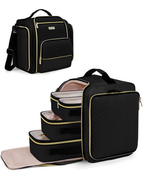 BAFAMYE Large Travel Makeup Bag - Cosmetic Organizer with 4 Removable Inner Pockets, Multi-functional Toiletry Bag for Accessories & Brushes, Women's Beauty Case, Black