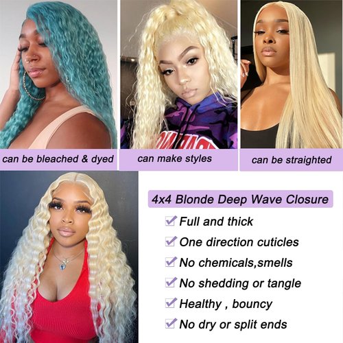 4x4 613 Lace Closure Deep Wave Human Hair Blonde Deep Wave Closure Pre Plucked Transparent Lace Free Part with Baby Hair For Women Natural Hairline 14 Inch
