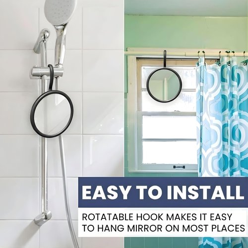 MIRRORVANA Hangable Round Fogless Shower Shaving Mirror with 360° Swivel Rotatable Hook for Hanging and Bonus Anti-Fog Spray - Anti Fog and Shatterproof Surface, 6.7" Diameter (Black)