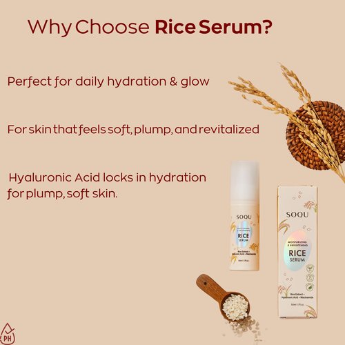 SOQU Moisturizing Facial Rice Serum - Hydrating and Brightening Formula with Niacinamide and Hyaluronic Acid for Radiant Skin - 50ml 1.69oz - Made in Korea (50ml / 1.69fl oz, Rice Serum)