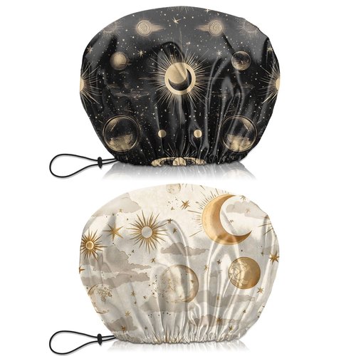 BHAHB 2 PCS Shower Cap Waterproof Double Layer Elastic Adjustable Reusable Hair Bath Caps for Girls Women Cute Aesthetic-Golden Black