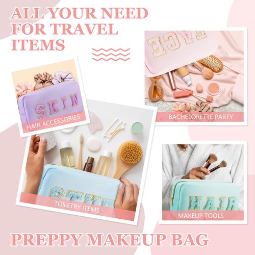 4 Pcs Travel Toiletry Bags for Women Preppy Makeup Bags Organizer Face Skin Hair Stuff Chenille Letter Pouch with Zipper Aesthetic Waterproof Skin care Hair Bag for Women Gifts