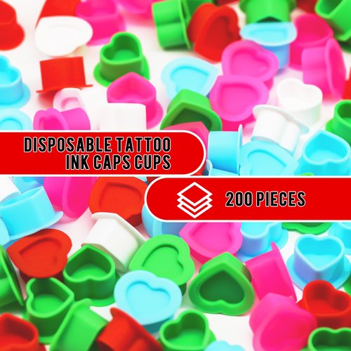 Tattoo Ink Caps Silicone Tattoo Cups Red 200 Pcs with Base for Tattoo, Ink Caps for Tattooing Microblading Tattoo Supplies
