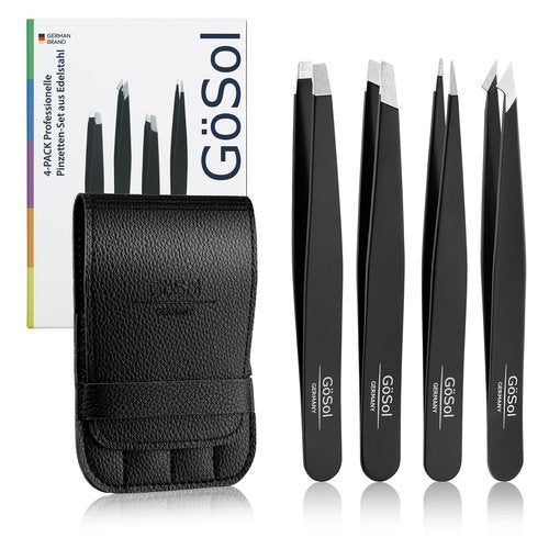 Tweezers Set - 4Pcs Professional Stainless Steel Eyebrows Tweezers for Women Facial Hair, High Precision Tweezers with Slant, Pointed, Flat Tips for Ingrown Hair Removal Women Men