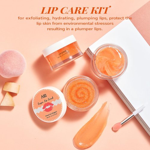 ANAI RUI Lip Scrub & Mask Set, Lip Scrubber Exfoliator, Lip Sugar Scrub, Lip Sleeping Mask, Moisturizering for Dry, Chapped, Dark Lips, Overnight Lip Mask, Peach
