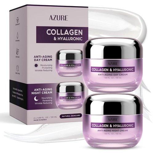 Azure Cosmetics Collagen & Hyaluronic Acid Face Moisturizer - Dermatologist Tested, Anti-Aging Cream for Fine Lines & Wrinkles - Ultra Hydrating Face Cream - Korean Skin Care - Day & Night Duo Set