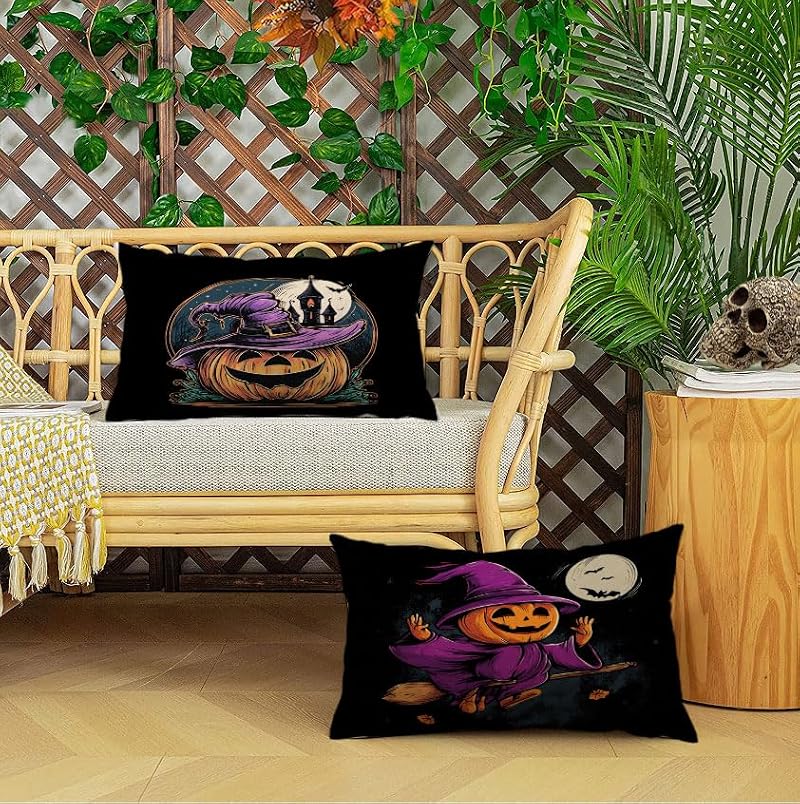 20 x 12 Inch Halloween Pillow Covers Set of 4 Pumpkin Ghost Witches Cushion Cases - Black Purple