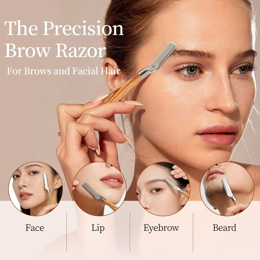 ZiLORA EyeBrow Razor with Safety Mesh Guard – Wooden Handle Eyebrow Trimmer for Women & Men, Includes 8 Replacement Blades & Leather Pouch for Peach Fuzz, Lip Hair & Brow Shaping