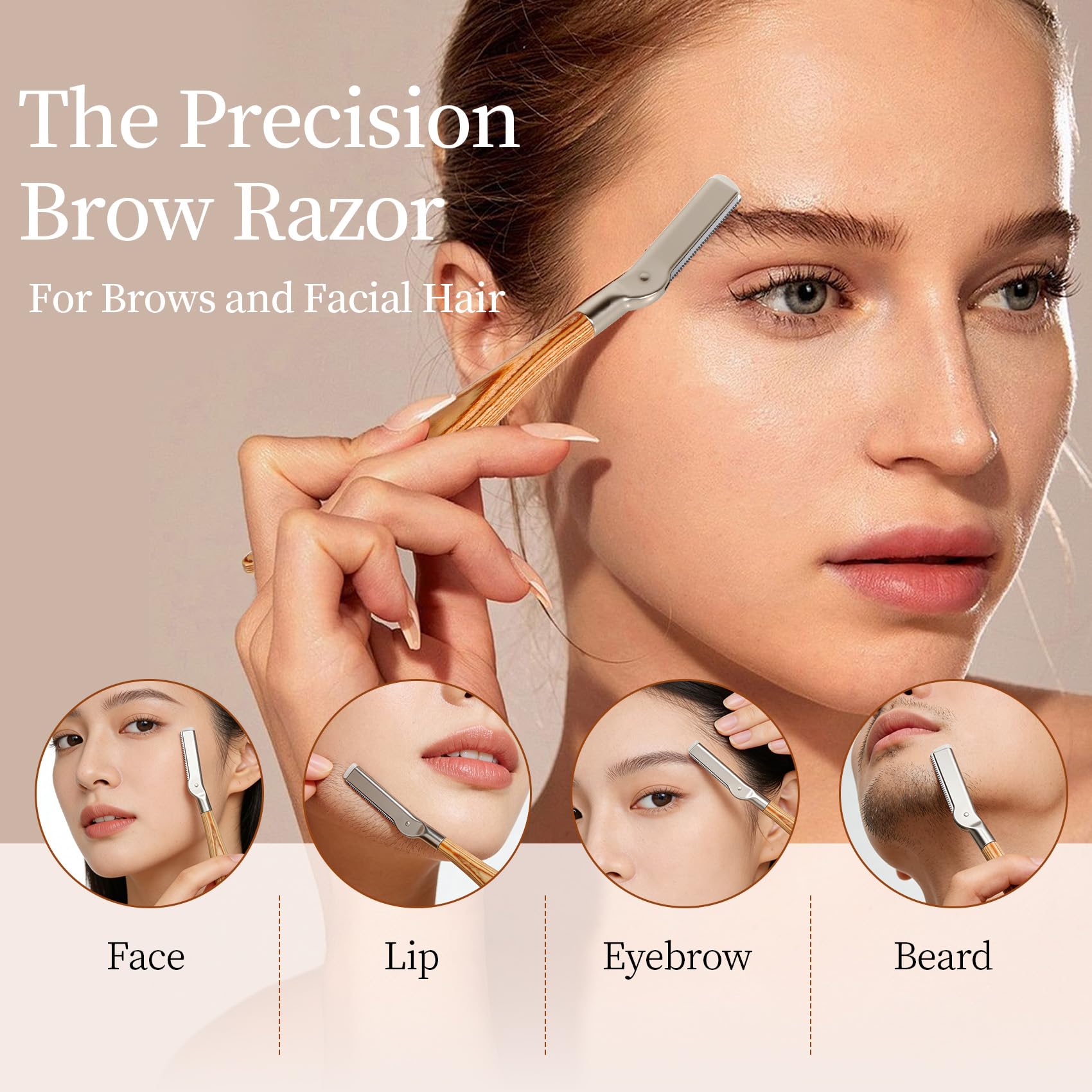 ZiLORA EyeBrow Razor with Safety Mesh Guard – Wooden Handle Eyebrow Trimmer for Women & Men, Includes 8 Replacement Blades & Leather Pouch for Peach Fuzz, Lip Hair & Brow Shaping