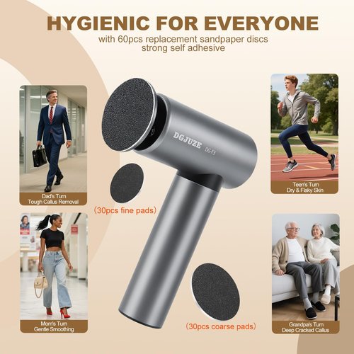 DGJUZE Premium Electric Foot Callus Remover, Ergonomic T-Grip 2600mAh Rechargeable 3-Speeds All Metal Foot File for Dead Skin Cracked Heels Pedicure kit at Home with 60pcs Sandpaper Pads
