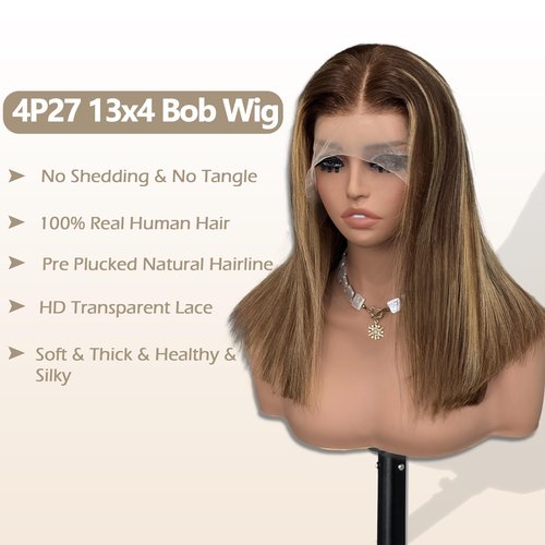 Bestvivid Highlight Honey Blonde 13x4 HD Lace Front Wigs Human Hair 4/27 Lace Front Bob Wig Human Hair Pre Plucked Middle Part Ombre Colored Transparent Lace Frontal Wigs (8 Inch, 4/27 Highlight)