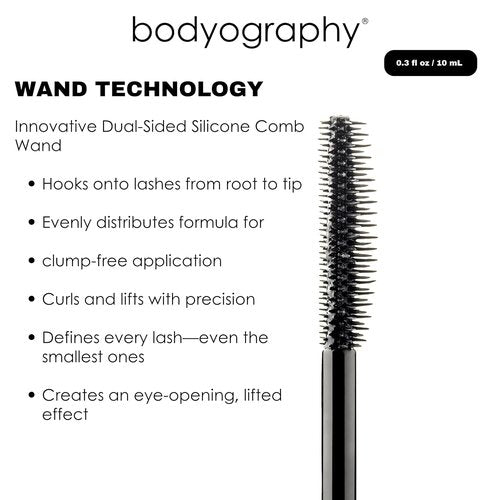 Bodyography Jet-Black Lengthening & Curling Mascara - Dual-Sided Comb Wand for Volume & Lift | Smudge-Free, Buildable Formula