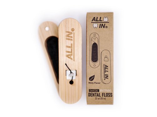 ALL IN Waxed Charcoal Floss with a Refillable Dental Floss Magnetic Holder - Plant Based, Natural, and No PFAS - Mint Floss for Effective Plaque Removal, Clean Teeth, Fresh Breath - 32 yd