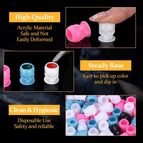 BAMTTOO 200pcs Disposable Pigment Ink Cups - Skull Design for Permanent Makeup, Tattoo Container Cap and Accessory Kits (Mixed Color)