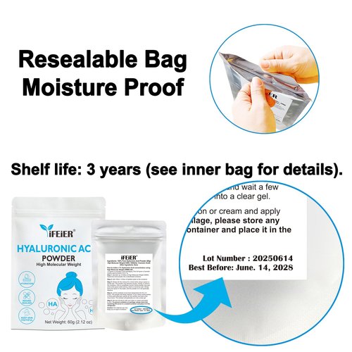 iFEiER Hyaluronic Acid Powder | High Molecular Weight Hyaluronic Acid Serum Powder | 60g(2.12oz) Cosmetics Grade | Sodium Hyaluronate HA | LMW HMW Hyaluronic Acid ingredient for DIY Serums