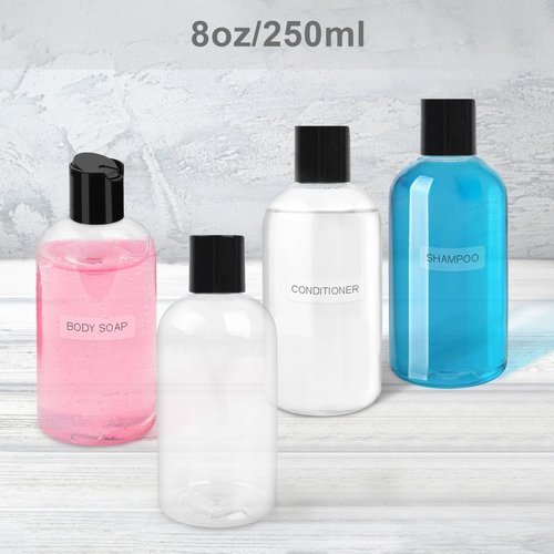 Neendohome 6 Pack 8 oz Empty Plastic Bottles with Black Disc Caps Reusable Clear Leak-Proof Travel Squeeze Containers for Shampoo Conditioner Toiletries Liquid Soap