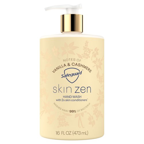 Safeguard Liquid Hand Soap, Skin Zen, Washes Away 99% Bacteria, Made with Natural Moisturizers & 2X Skin Conditioners, Safeguarding Families, PH Balanced Formula, Vanilla & Cashmere Scent, 16 oz