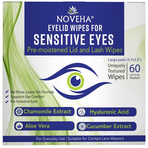 NOVEHA Eyelid Wipes - For Delicate Lashes and Eyelids - With Hyaluronic Acid, Chamomile, and Aloe Vera - Individually Wrapped Pre-moistened Pads (60 Wipes)