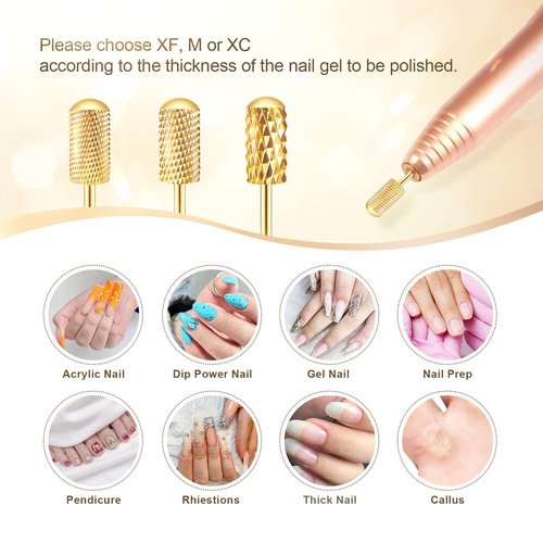 Nail Drill Bit Set, Corfulra 3pcs Safety Bits for Nail Drill, Tungsten Carbide Nail Drill Bits, Smooth Round Top Large Barrel Bits, Nail Supplies for Nail Tech to Remove Acrylic Nails (XF & M & XC)