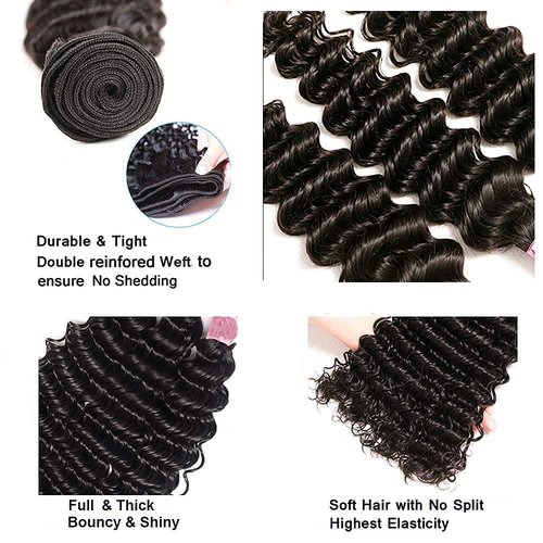 Deep Wave Bundles Human Hair 14 16 18 Inch #1B Natural Black Deep Curly Bundle Human Hair Extensions Unprocessed Virgin Remy Hair 3 Bundle 50 Gram Per Bundle