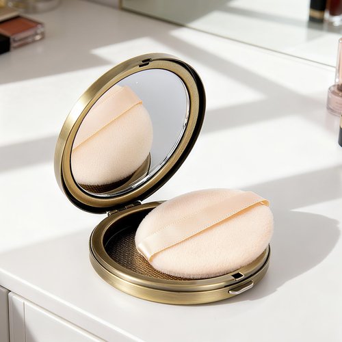Fashion Creative Luxury Metal Beauty Sponge Case, Rose Gold Pattern, 7 cm Compact Mirror Case with Puff, Travel Makeup Powder Holder (Bronze)