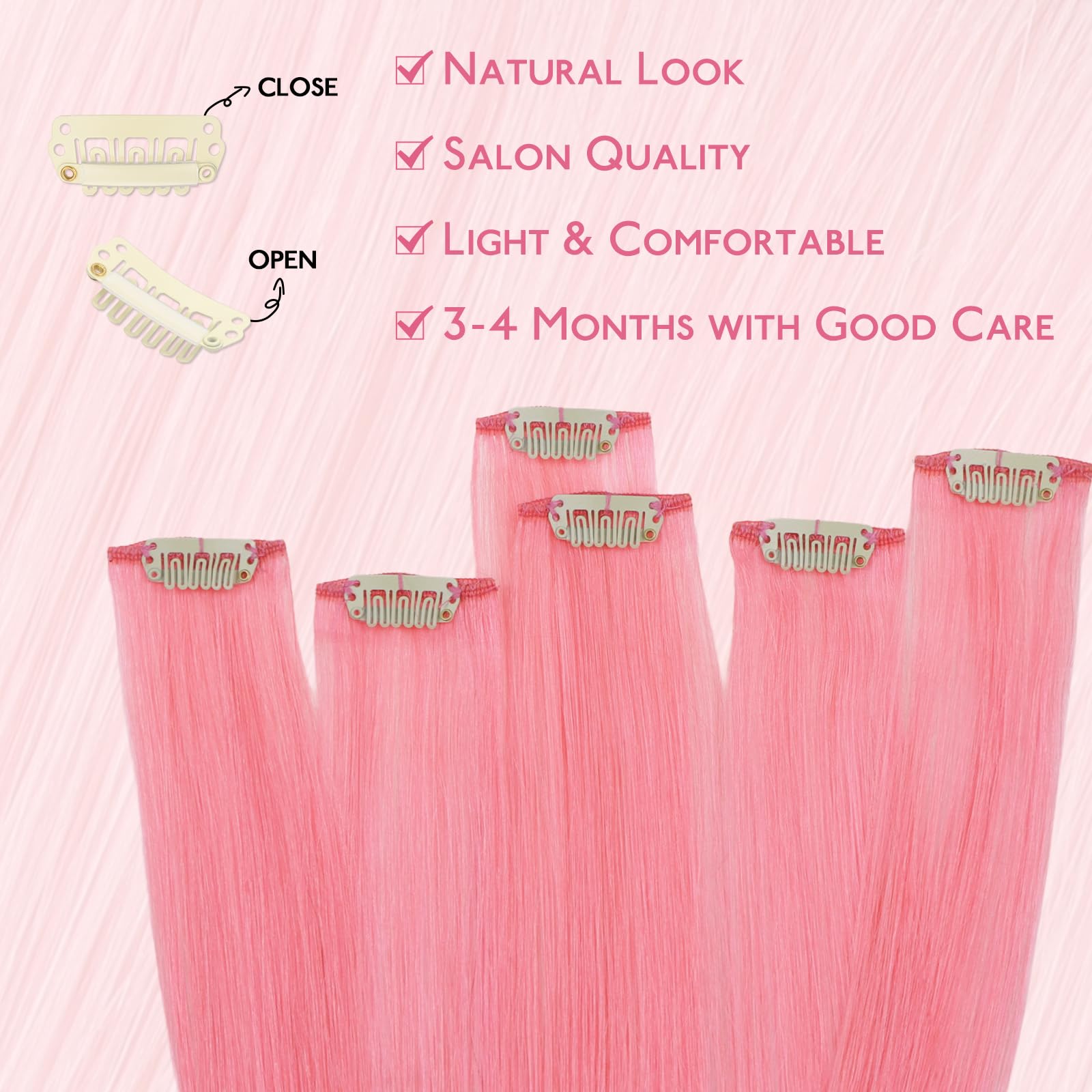 WENNALIFE Peach Pink Clip in Hair Extensions Real Human Hair 35g 6pcs 18 Inch Colored Hair Extensions for Kids Women Colorful Hair Pieces Pop-up Style Straight Extensiones De Cabello Humano Con Clip