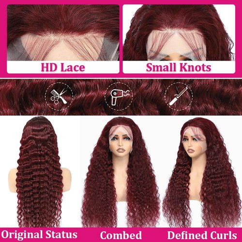 Skiennix 24-Inch Burgundy Deep Wave Wig - 13x4 HD Transparent Lace Front, 180 Density, Pre-Plucked