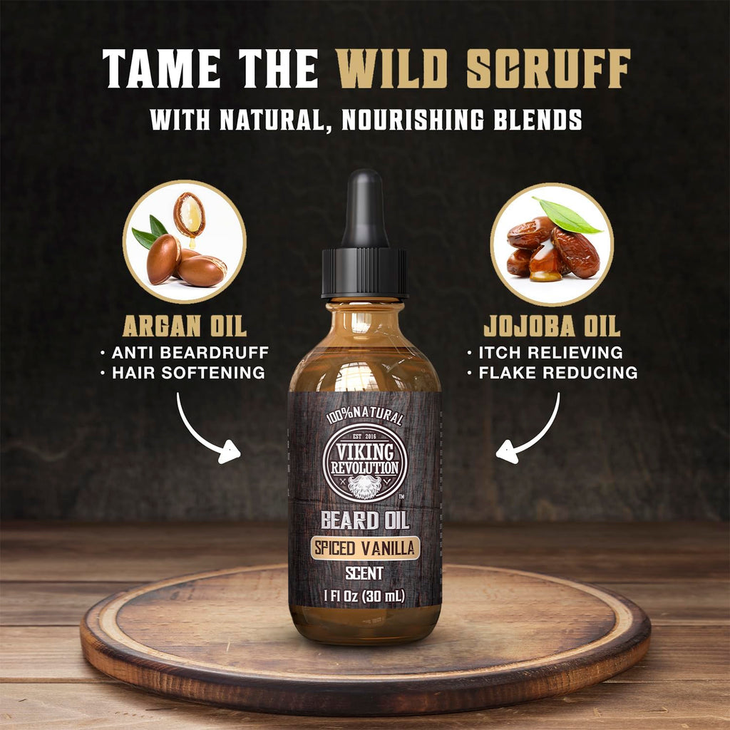Viking Revolution Ultimate Conditioner for Men's Beard Grooming - Softens, Smoothes and Soothes - Contains Beard Wash and Conditioner (5oz Set), Beard Oil, Balm and Wooden Comb - Spiced Vanilla Scent