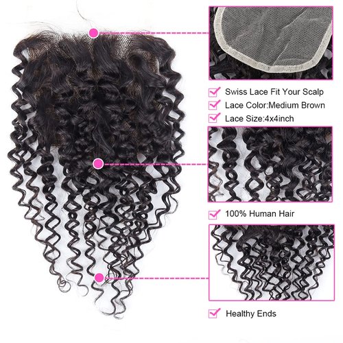 Kinky Curly Short Wavy Human Hair 6 Bundles with 4x4 Closure Brazilian Kinky Curly Bundles Human Hair Extensions Natural Color(8"8"8"8"8"8"+8")25g/Bundle