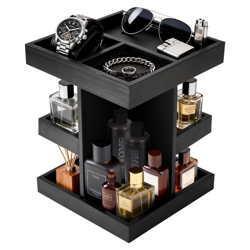 DHLANROY Cologne Organizer for Men, 3-Tier Rotating Perfume Stand - Large Capacity Wooden Display Shelf & Storage for Fragrance, Watch, Sunglasses - Modern Desk, Dresser Top, Bathroom Organizer - Birthday Anniversary Ideal Gift for Husband, Boyfriend, Fat